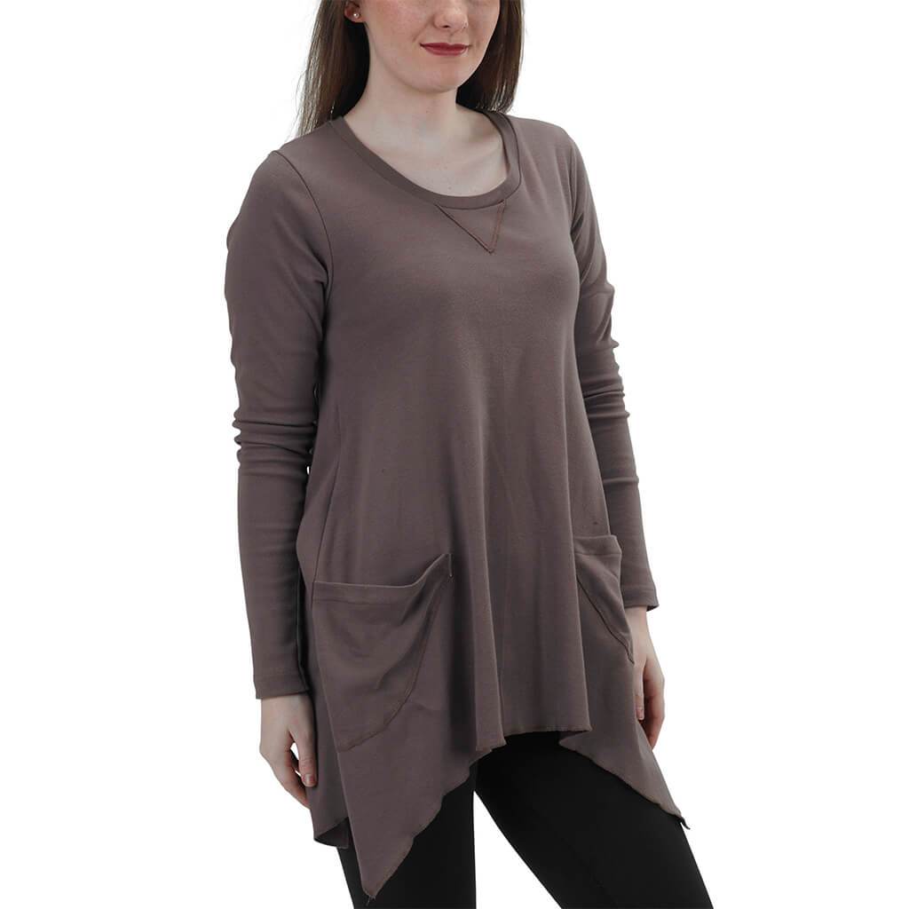 Made in USA Organic Cotton Women's Rib Long Sleeve Tunic Jenna Hippie Top in Mushroom Purple