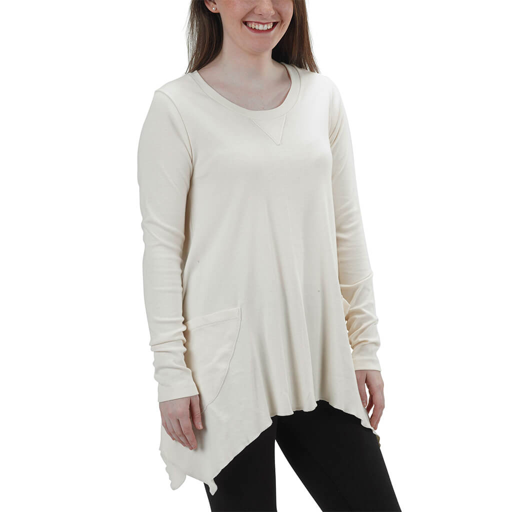 Made in USA Organic Cotton Women's Rib Long Sleeve Tunic Jenna Hippie Top in Natural Undyed