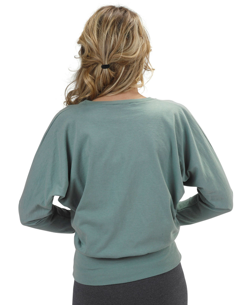 USA Made Organic Cotton Women's Long Sleeve Dolman Willow Tee in Smokey Teal  - Back View