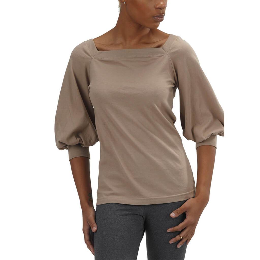 USA Made Organic Cotton Women's Romantic Top with 3/4 Length Puff Sleeves and Square Cut Neck in Taupe Brown