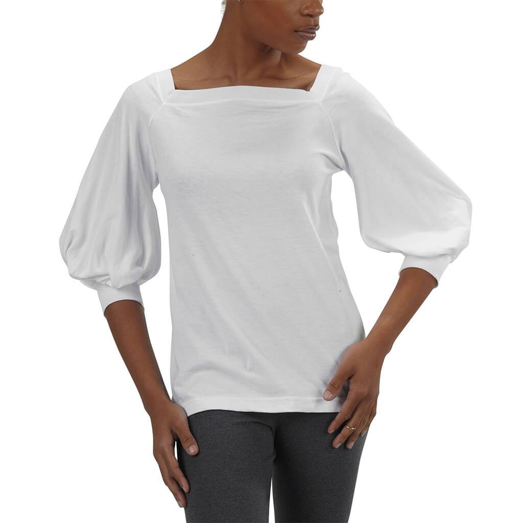 USA Made Organic Cotton Women's Romantic Top with 3/4 Length Puff Sleeves and Square Cut Neck in White