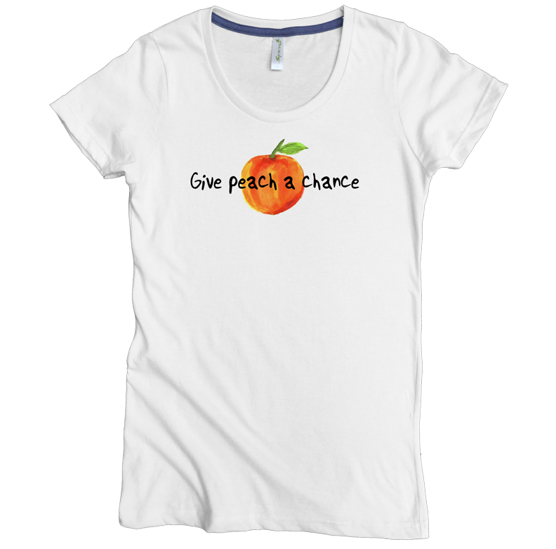 USA Made Organic Cotton Women's White Short Sleeve Favorite Crewneck Graphic Tee with Give Peach A Chance Design