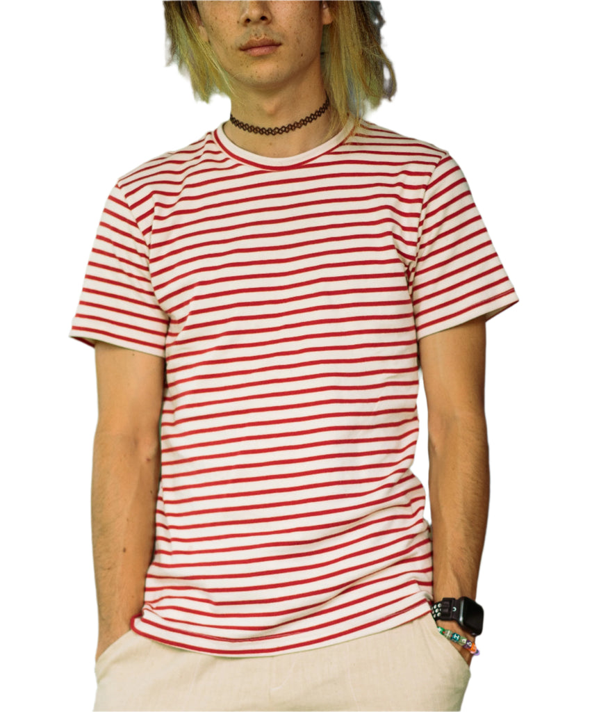 USA Made Organic Cotton Men's Sailor Stripe Short Sleeve Crewneck T-shirt in Natural & Carmine Red