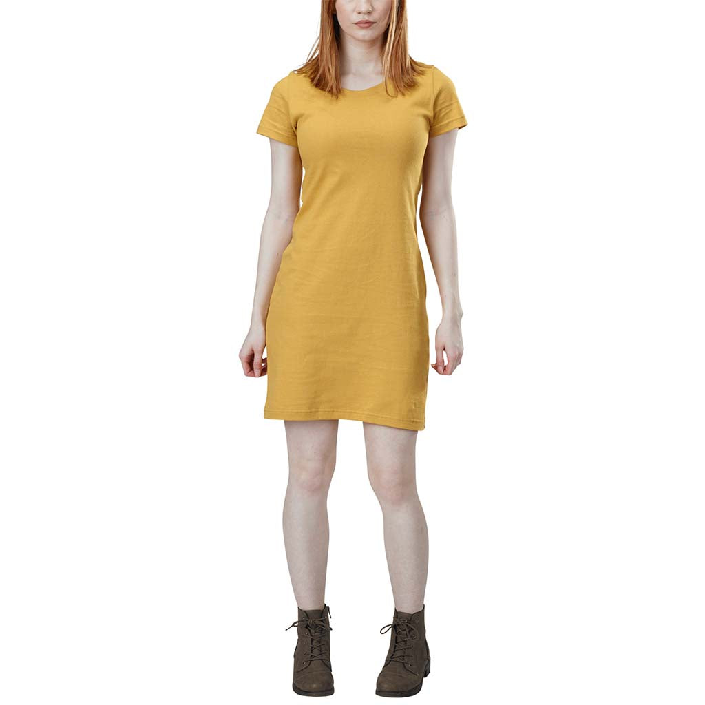 Organic Cotton Short Sleeve Fitted Crewneck T-Shirt Dress in Honey Yellow