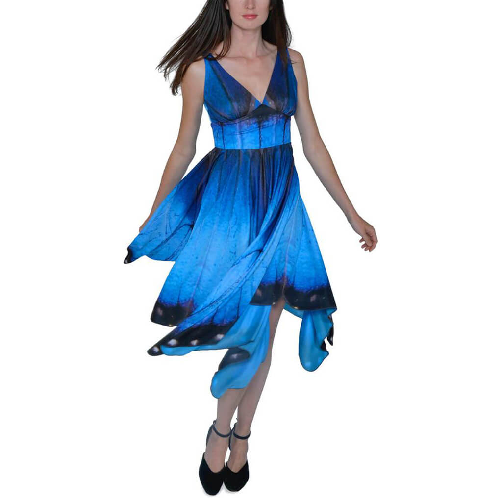 Recycled PET Blue Morpho Butterfly Dress Front View