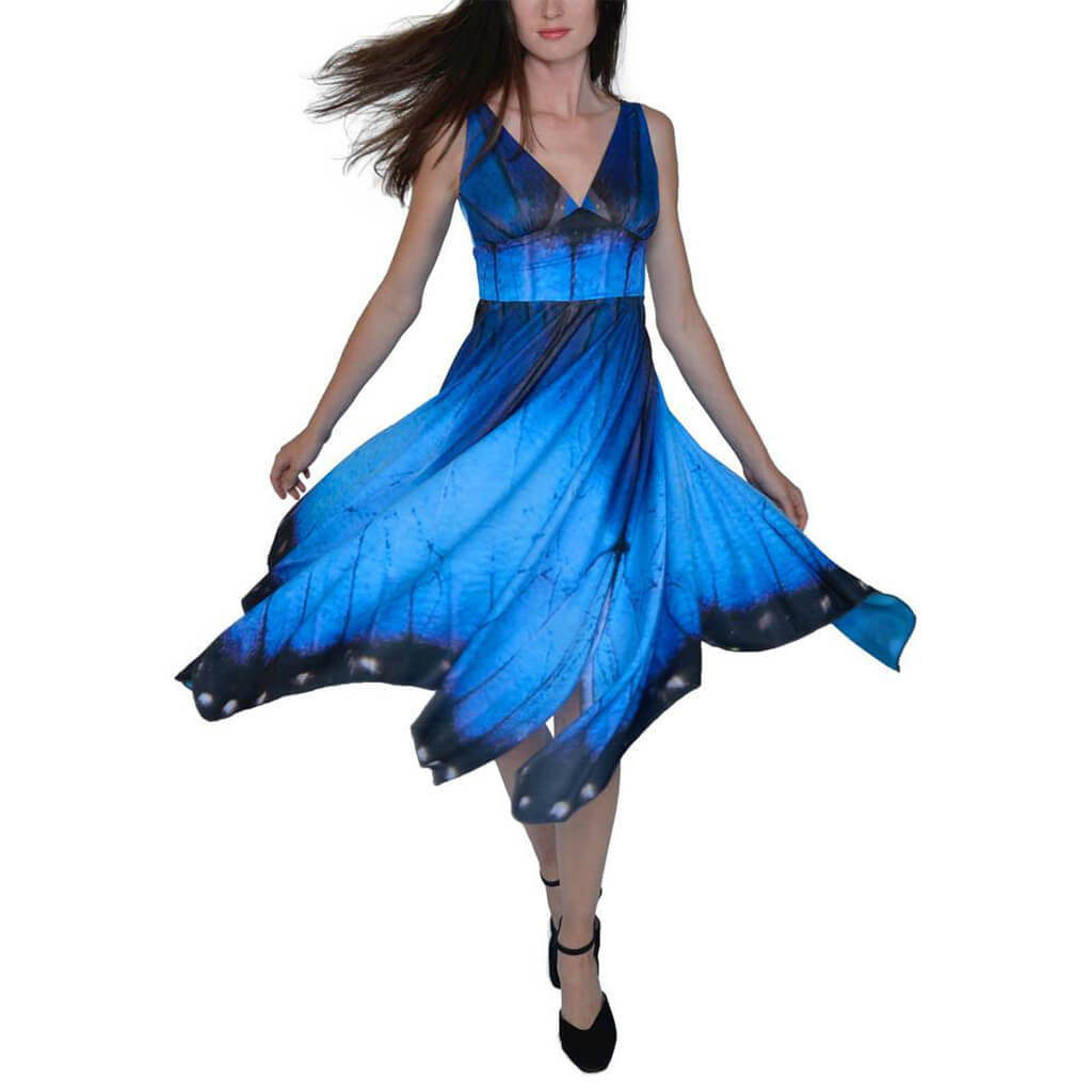 Recycled PET Blue Morpho Butterfly Dress Front View