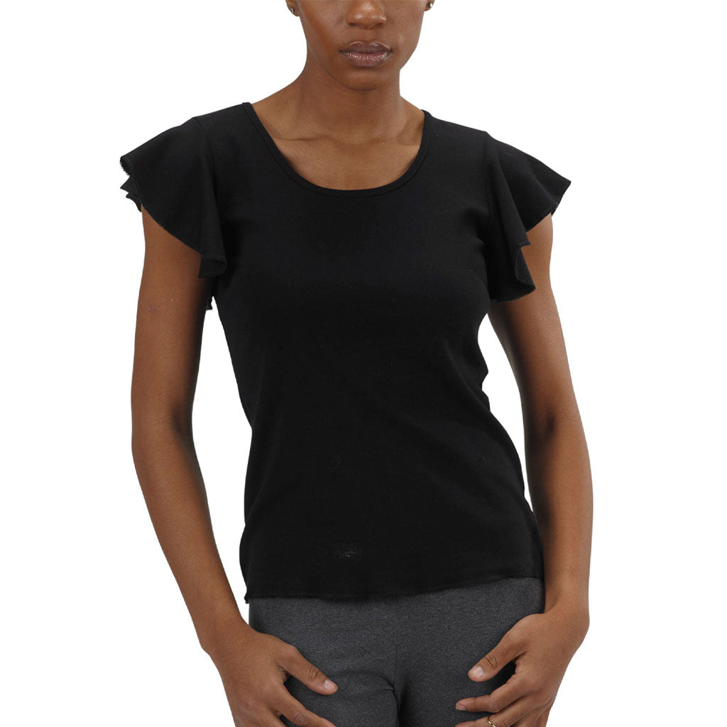 USA Made Organic Cotton Women's Short Sleeve Ruffle Sleeve T-Shirt in Black