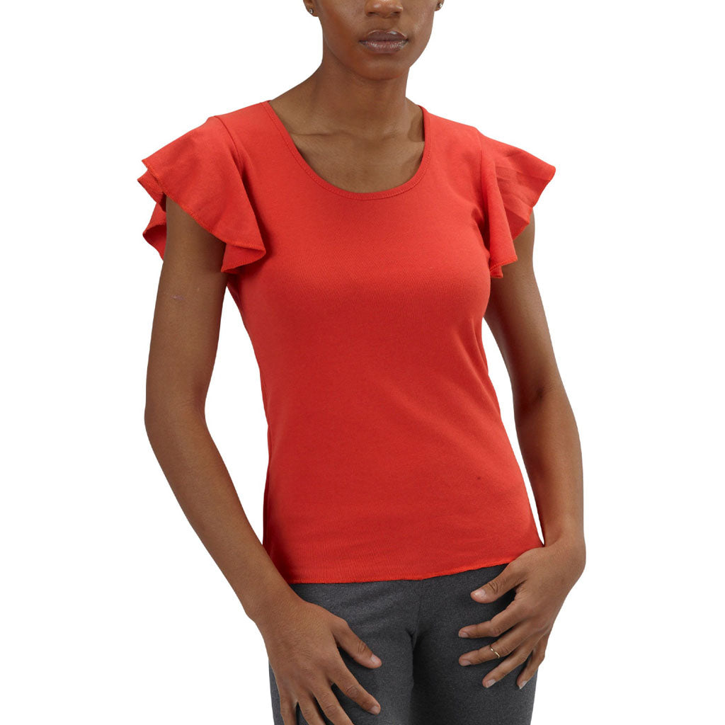 USA Made Organic Cotton Women's Short Sleeve Ruffle Sleeve T-Shirt in Poppy Red