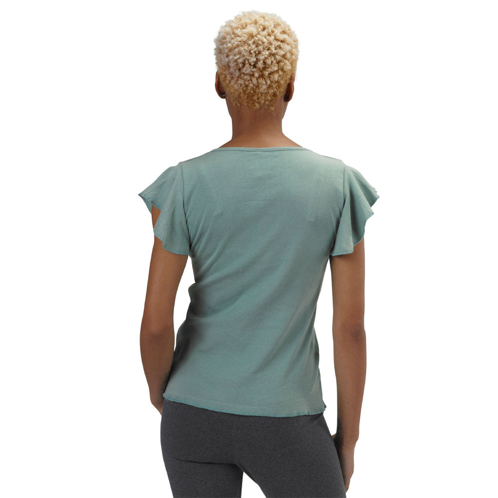USA Made Organic Cotton Women's Short Sleeve Ruffle Sleeve T-Shirt in Smokey Teal - Back View