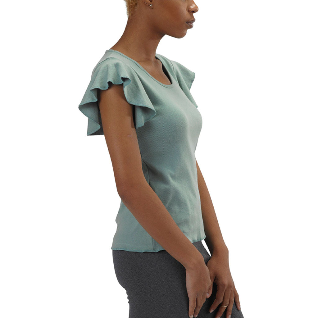 USA Made Organic Cotton Women's Short Sleeve Ruffle Sleeve T-Shirt in Smokey Teal - Side View