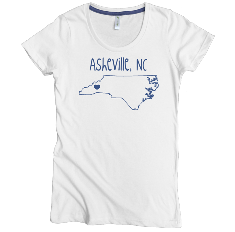 USA Made Organic Cotton Women's White Short Sleeve Favorite Crewneck Graphic Tee with Heart Asheville NC Design