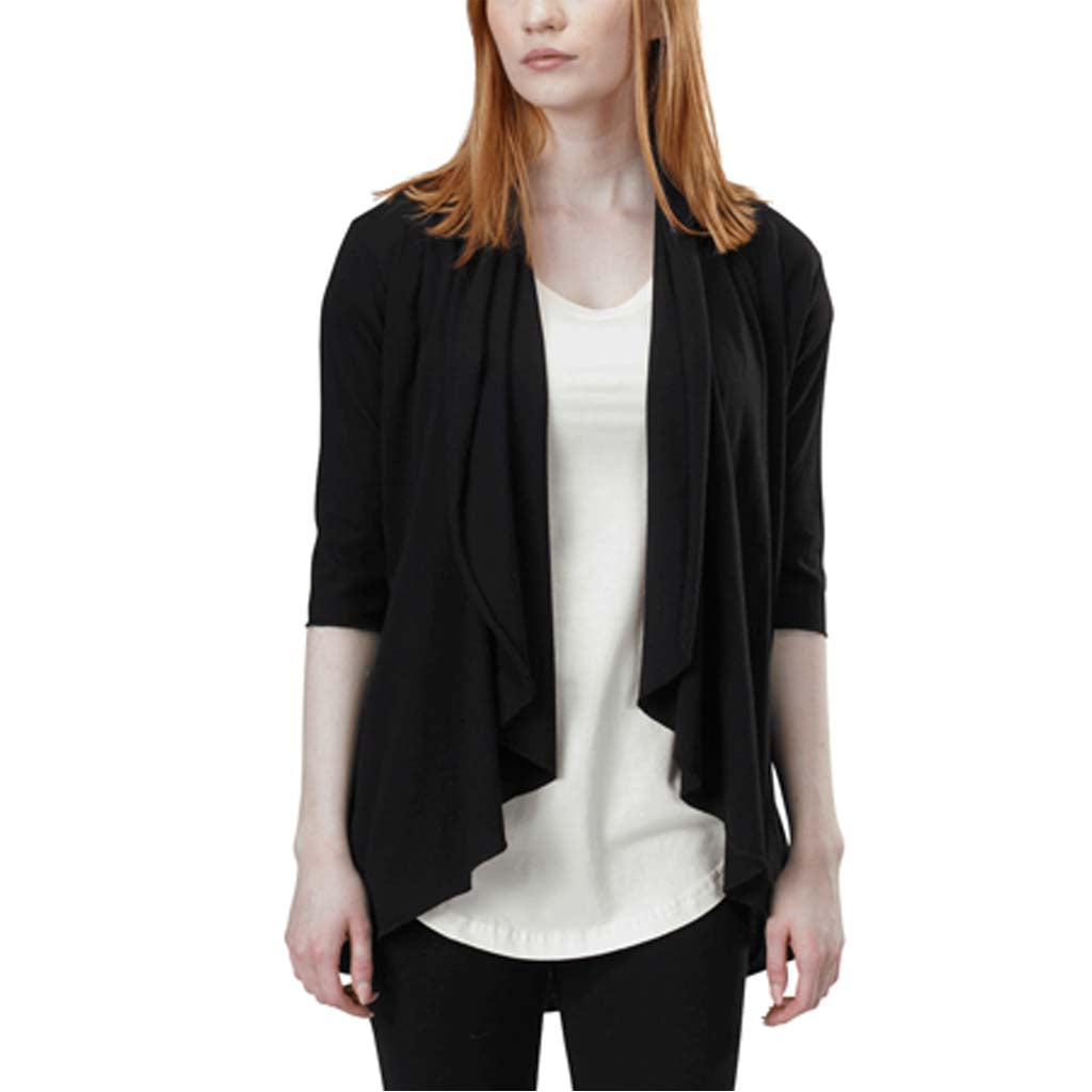 USA Made Organic Cotton Women's Ultra Lightweight Jersey 3/4 Length Sleeve Draped Cardigan in Black