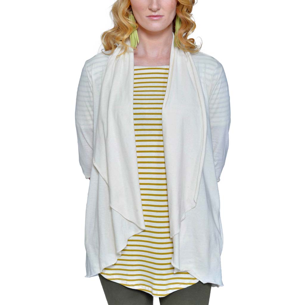 USA Made Organic Cotton Women's Ultra Lightweight Jersey 3/4 Length Sleeve Draped Cardigan in Natural Undyed