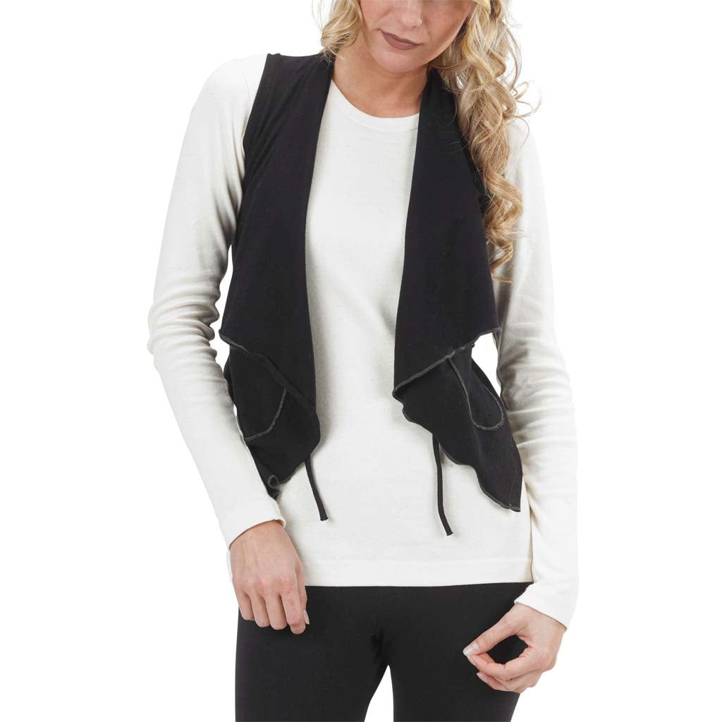 USA Made Organic Cotton Women's  Lightweight Jersey Cropped Vintage Drape Vest with Contrast Stitching & Tie in Black