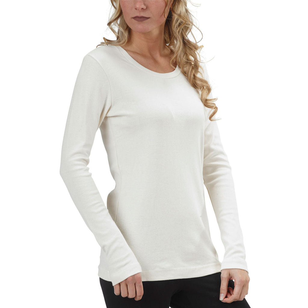 USA Made Organic Cotton Women's Rib Long Sleeve Perfect Crewneck T-Shirt in Natural Undyed