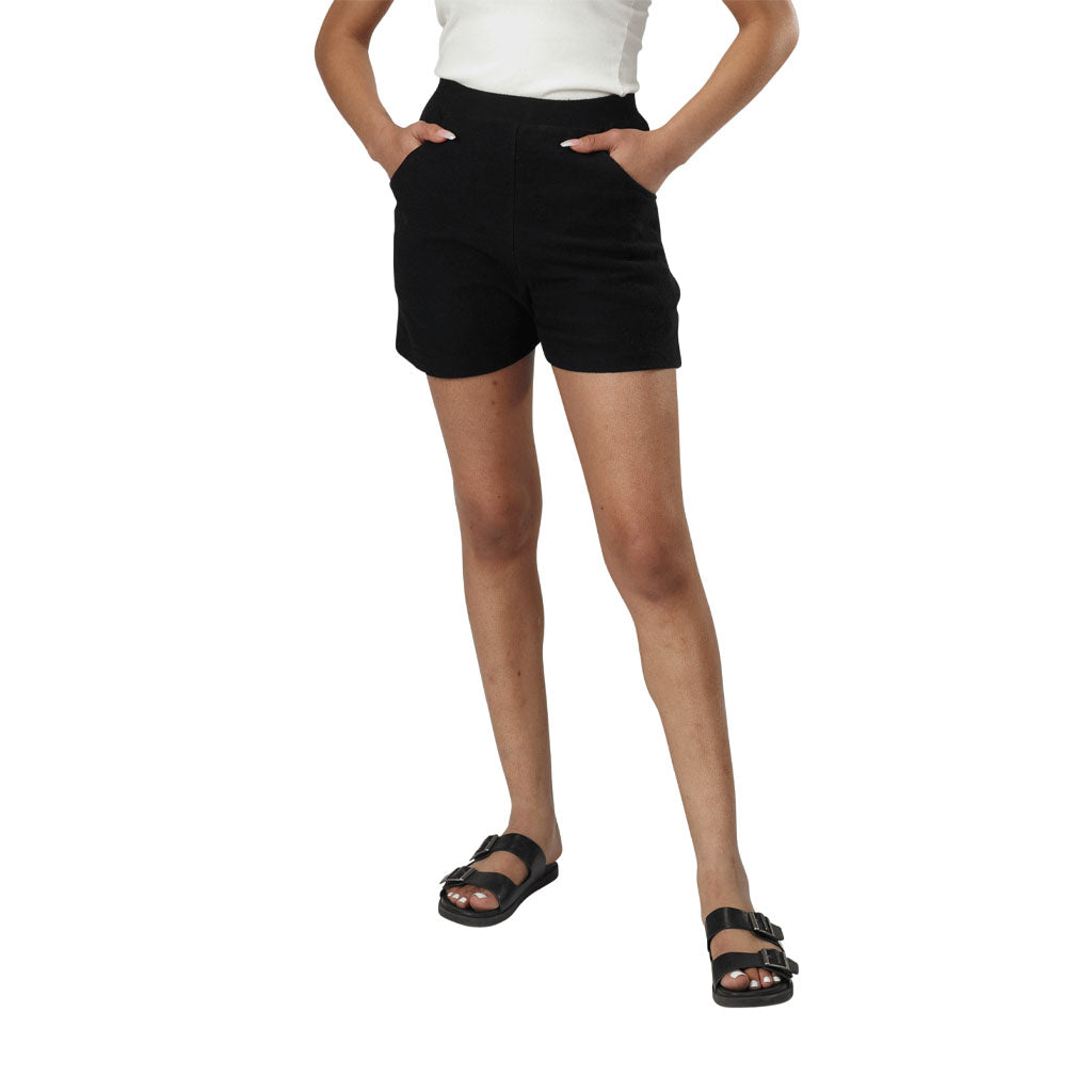 USA Made Organic Cotton Lightweight French Terry Betty Hi Waisted Shorts with pockets & back zipper in Black