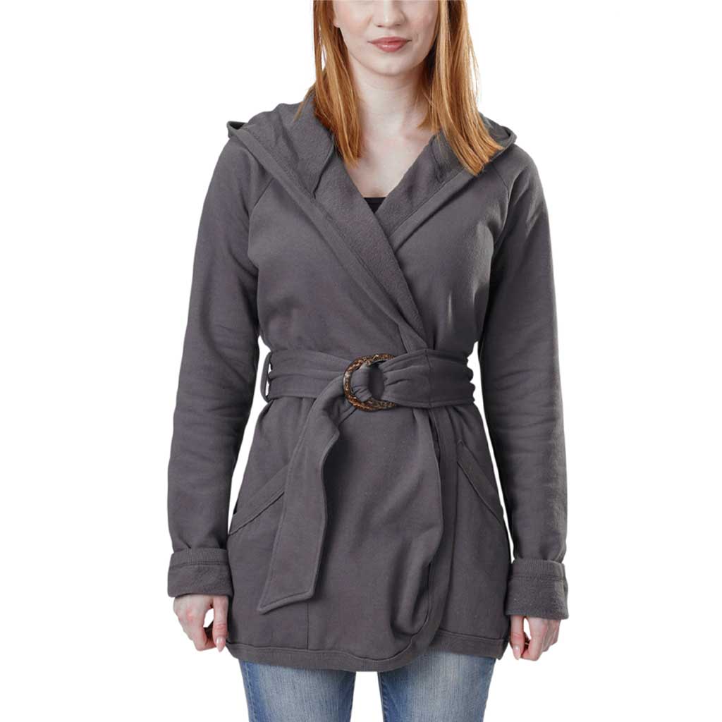 USA Made Organic Cotton Women's Mediumweight Fleece Wrap Jacket with hood & belt - Graphite