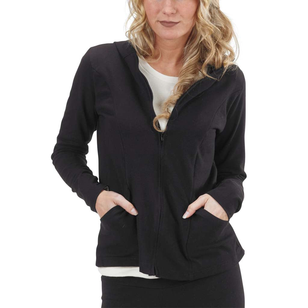 USA Made Organic Cotton/Spandex Mediumweight Jersey Zip Yoga Hoodie in Black